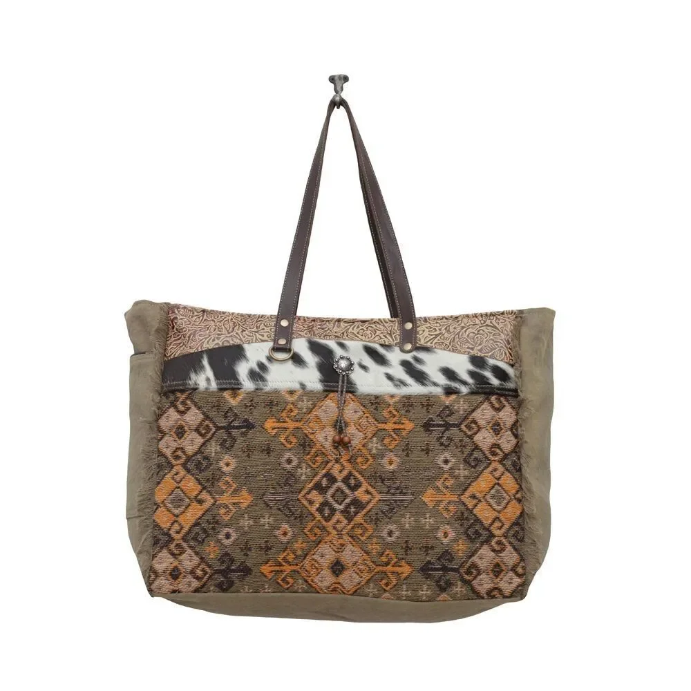 Myra Bag Handmade Parea Weekender Bag Upcycled Canvas & Cowhide Leather